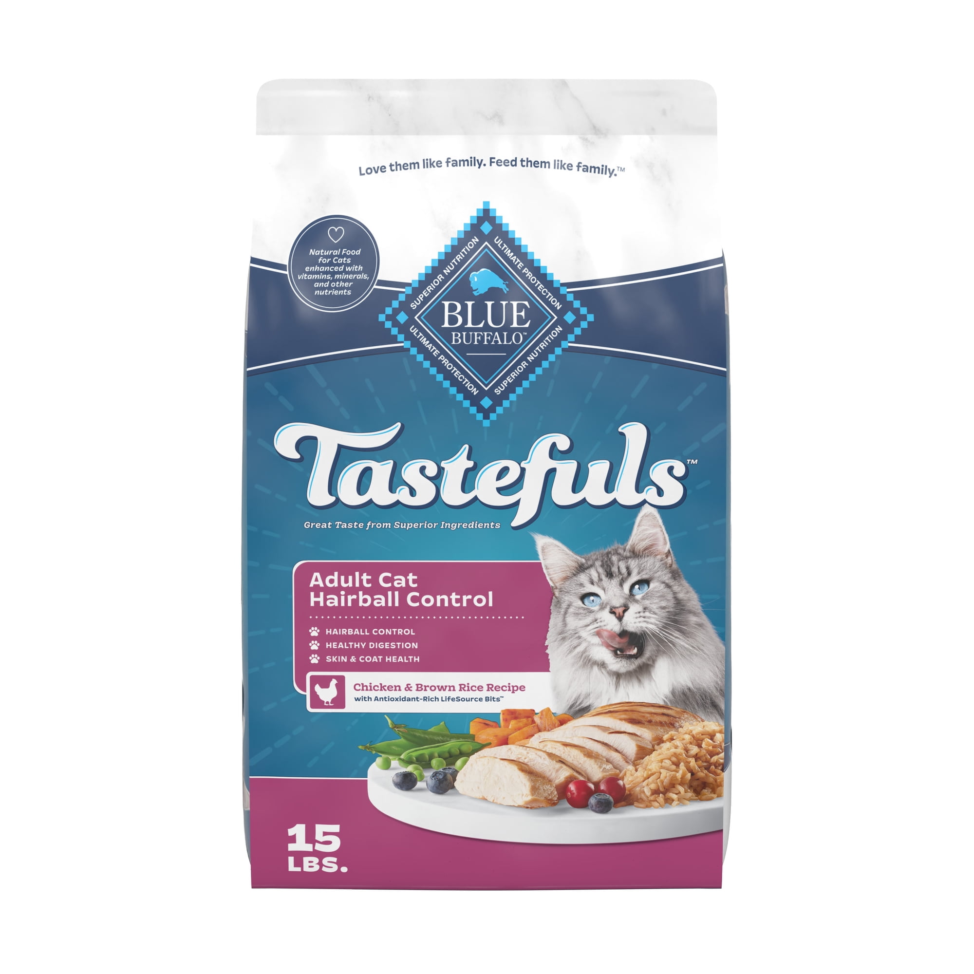 Blue Buffalo Tastefuls Adult Cat Hairball Control Dry Food, Chicken & Brown Rice, 15lb
