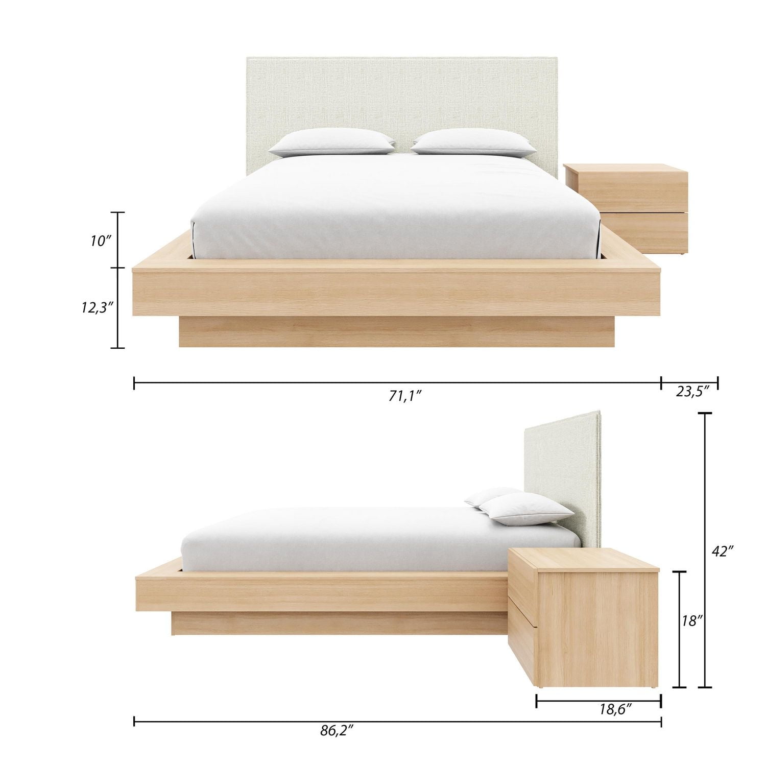 Julian 3 Piece Queen Size Bedroom Set with Platform Bed, Upholstered Headboard and Nightstand