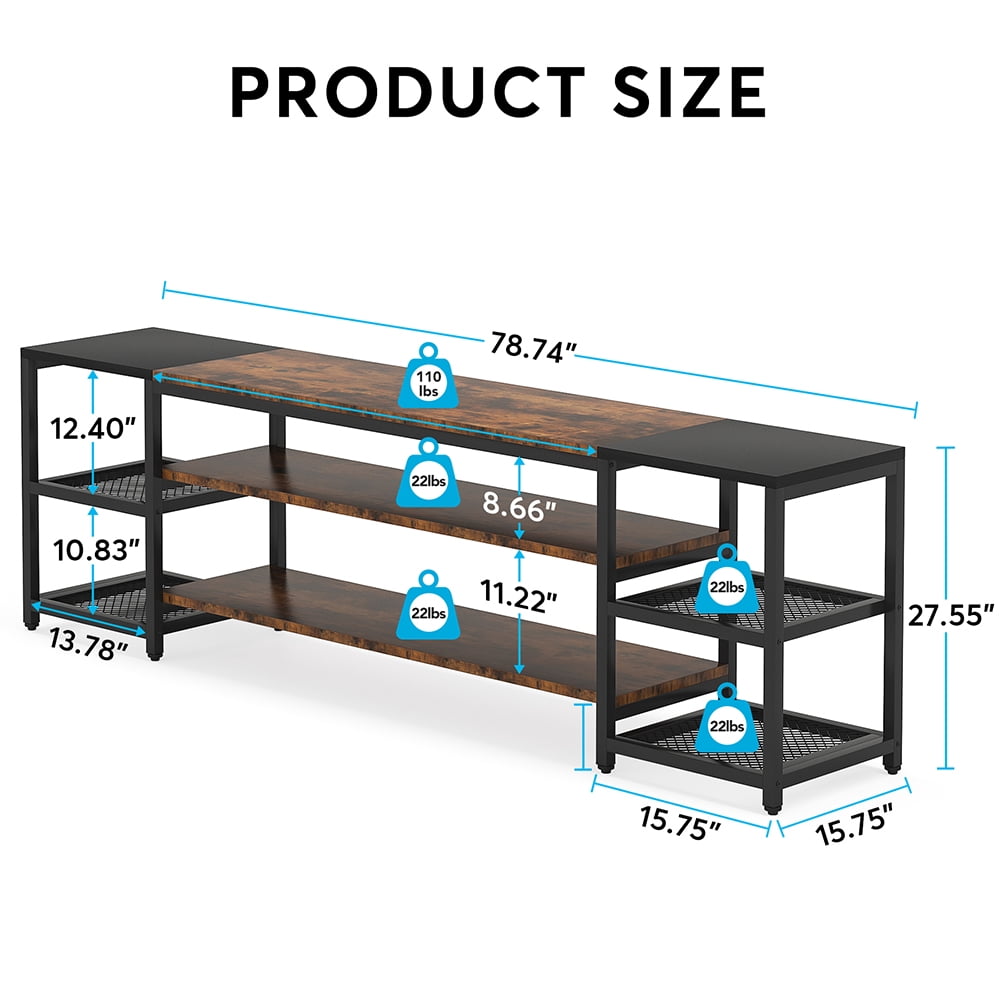 Spaco 78.7" TV Stand, 3-Tier Media Entertainment Center for TV up to 85", A 3-Tier Center Shelf and 2 Side Mesh Shelves, Rustic & Black