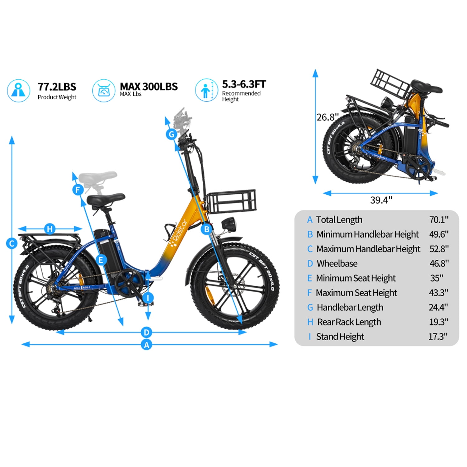 Ridstar Electric Bike for Adults,1000W 30mph,48V 15Ah Electric Bicycle,20'' Fat Tire Folding Mountain Bike UL2849