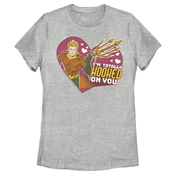 Women's Justice League Valentine's Day Aquaman I'm Totally Hooked on You  Graphic Tee Athletic Heather Small