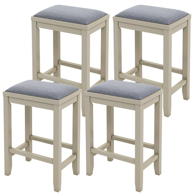 Gymax 4 PCS Upholstered Bar Stools Wooden Counter Height Chairs Dining White