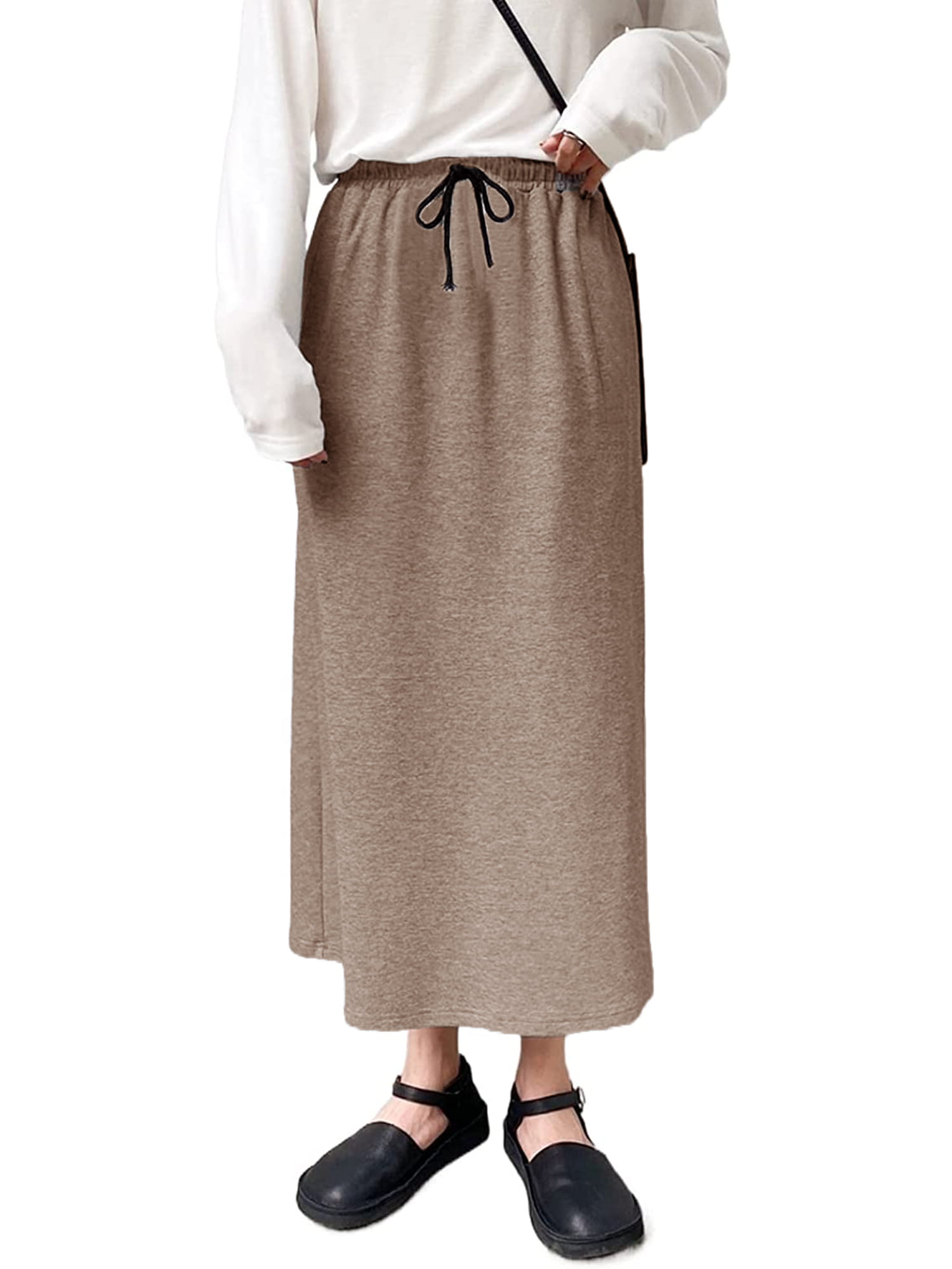 ThCrease Womens Fall Winter Elastic Waisted Maxi Skirts Fleece Lined A Line Long Skirt with Pockets 