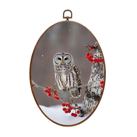 Oval Framed Wall Art Barred Owl Red Berries Canvas Wall Art Oval Vintage Wall Decor Prints Hanging Decor for Home Bedroom Living Room Office 8"x11.4"
