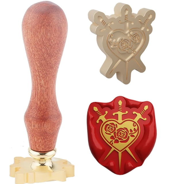 1 sello de cera con forma de corazón, diseño vintage de rosa, regalo para Navidad, cabezal de latón extraíble de 25 mm con mango de madera.