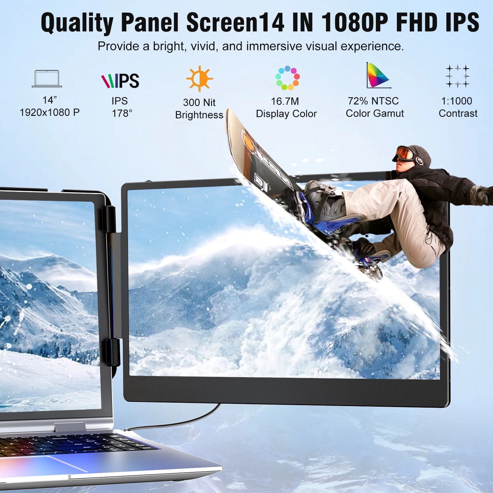 Laptop Screen Extender, 14" 1080P FHD IPS Display for 13"-17.3" Laptops, Portable Monitor Innovation Statues,