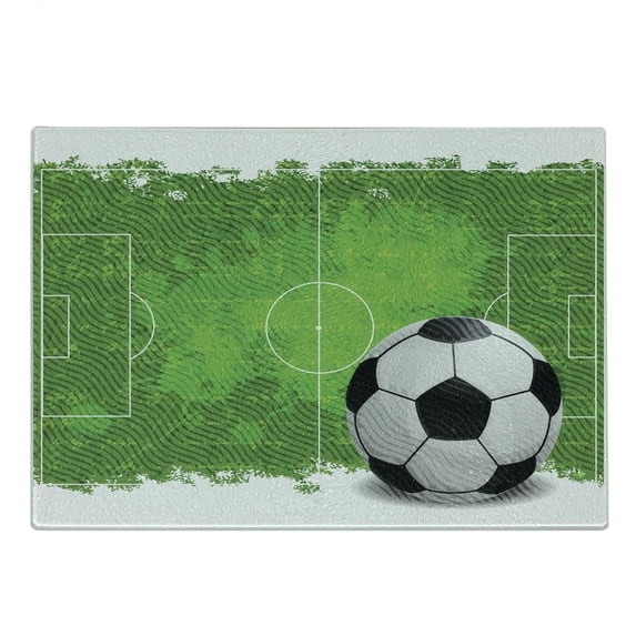 Soccer Cutting Board, Grunge Worn Looking Pitch Pattern Football 6 Yard Box Vintage Illustration, Decorative Tempered Glass Cutting and Serving Board, Small Size, Green Black White, by Ambesonne