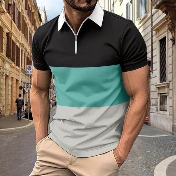 pstuiky Camisas de vestir de manga corta para hombre, Blusa informal de manga corta con cuello vuelto y cremallera de color liso para hombre camisas casuales para hombre xl