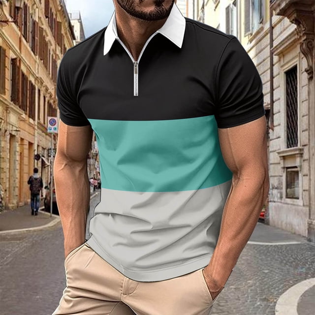 pstuiky camisetas de hombre, Blusa informal de manga corta con cuello vuelto y cremallera de color liso para hombre camisas casuales para hombre l