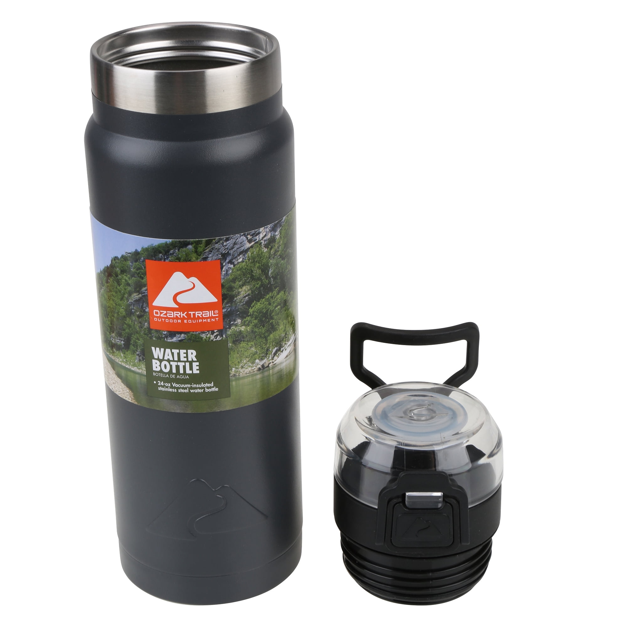 Ozark Trail 24 oz Black and Silver Stainless Steel Water Bottle with Wide Mouth Lid