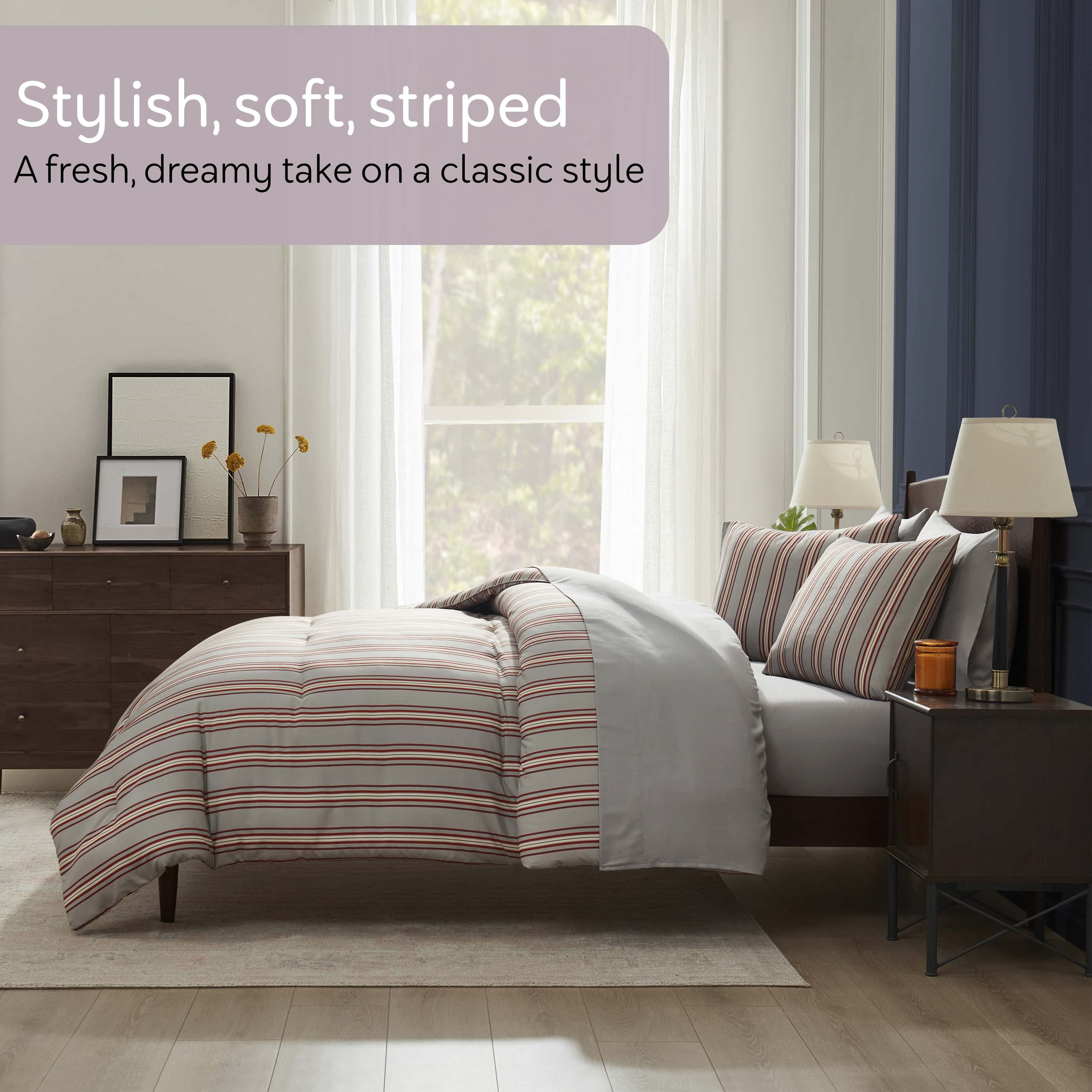 Virtu King Comforter Set, Striped King Size Comforter Set, 7-Pc All Season Bedding Comforter Set, Gray