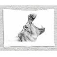 thumbnail image 1 of Hippo Tapestry, Hand-Drawn Pencil Sketch Style Digital Image Hippopotamus Portrait Yawn Figure, Wall Hanging for Bedroom Living Room Dorm Decor, 60W X 40L Inches, Black and White, by Ambesonne, 1 of 2