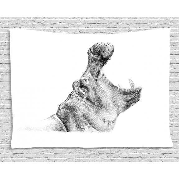 Hippo Tapestry, Hand-Drawn Pencil Sketch Style Digital Image Hippopotamus Portrait Yawn Figure, Wall Hanging for Bedroom Living Room Dorm Decor, 60W X 40L Inches, Black and White, by Ambesonne