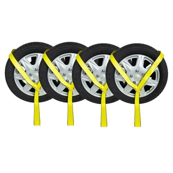 Mytee Products (4 Pack) 2" x12' Winch Lasso Strap with O Ring, Yellow - Car Tie Down Tire Straps for Trailers Auto Tow Car Hauler Wheel Net