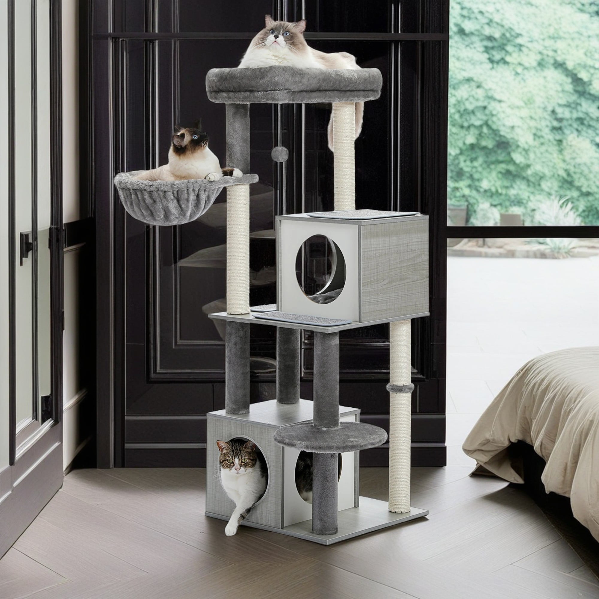 Kadyn 51" Modern Cat Tree for Large Cat, Wood Cat Tower with Scratch Post for Indoor Big Cats, Cat Condo for Kittens, Gray