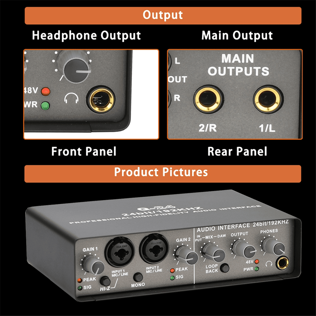 Professional 24Bit 192KHz Audio Interface 2 Input Sound Card for Electric Guitar Loopback External Studio PC Recording
