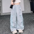 thumbnail image 4 of NOLDARES Girls Parachute Pants Kids Elastic Waist Wide Leg Cargo Pants Y2K Street Baggy Trousers with Pockets(Blue,8-10 Y), 4 of 6