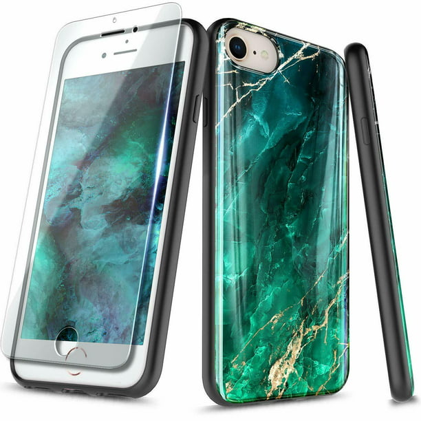 For iPhone 8 Plus Case, iPhone 7 Plus / iPhone 6s Plus / iPhone 6 Plus with Tempered Glass Screen Protector, Slim Thin Glossy Stylish, Gold Glitter Marble Design Phone Cover - Emerald - Walmart.com