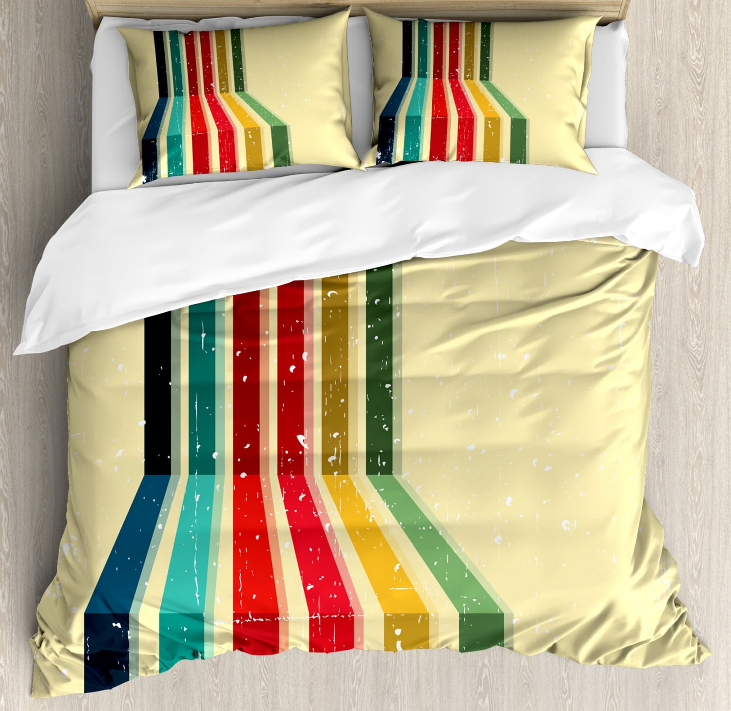 Vintage Rainbow Queen Size Duvet Cover Set, Vertical Colored Stripes