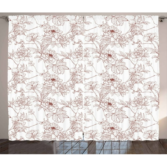Ambesonne Vintage Curtains 2 Panel Set, Rustic Sprigs Wild Poenies, 108" x 90", Burgundy White