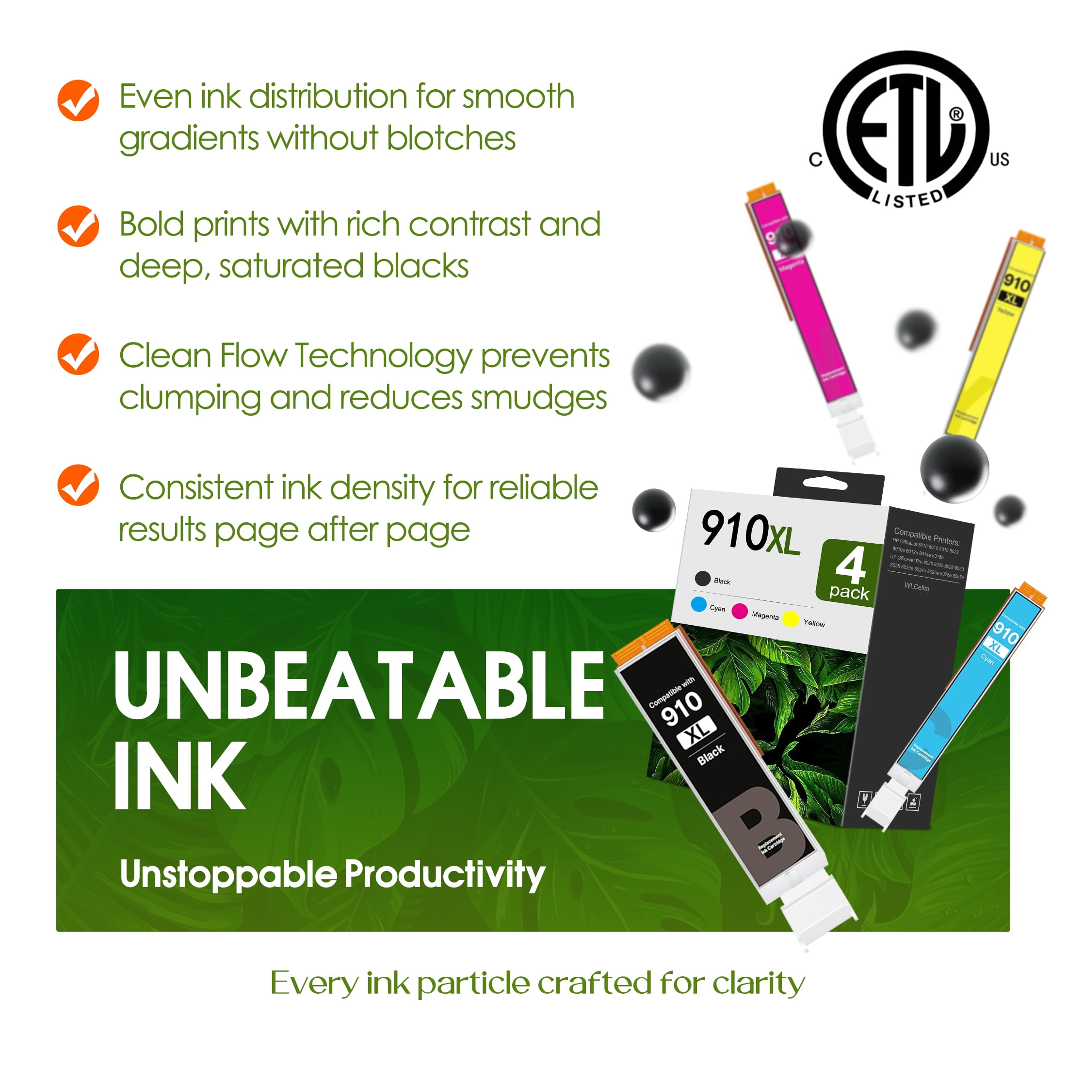 910XL Ink Cartridges Combo Pack Compatible for 910 XL Ink Cartridges for OfficeJet 8022e 8020 Pro 8015e 8028e Printers Ink 910 (4 Pack)