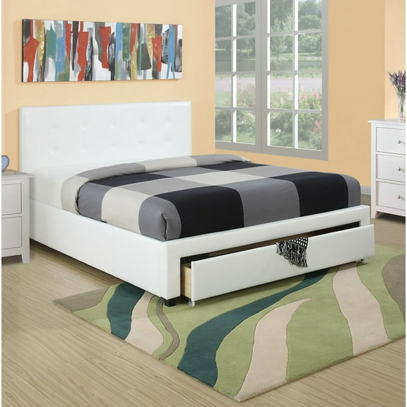 Modern Classic White Queen Size Bed Underbed Storage Darwers Wooden Tufted Upholstered Faux Leather 1pc Bedframe Bedroom