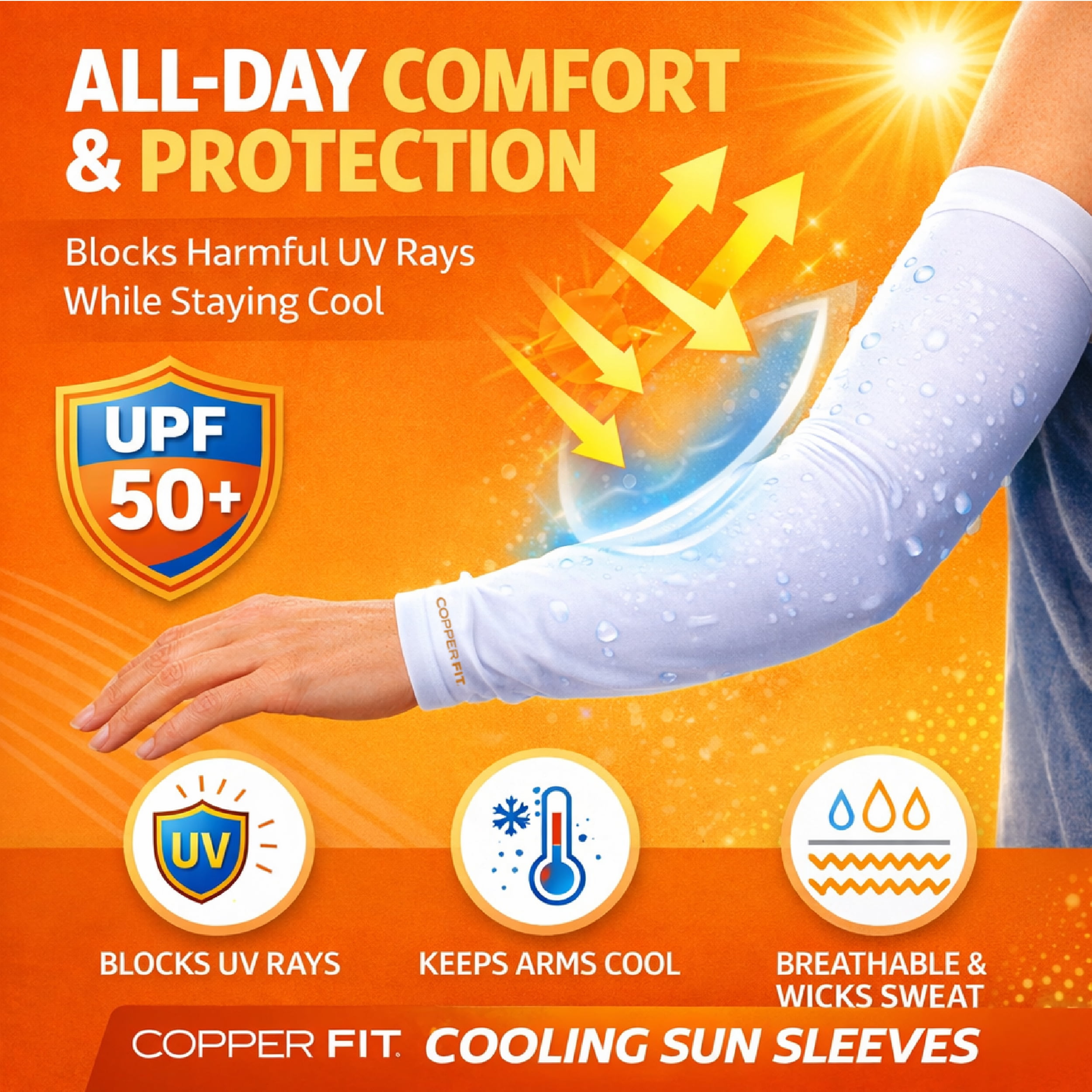 Copper Fit Cooling Sun Sleeves, UPF 50+ UV Protection Arm Sleeves, Breathable & Sweat-Wicking, Large/XL, 2 Pack