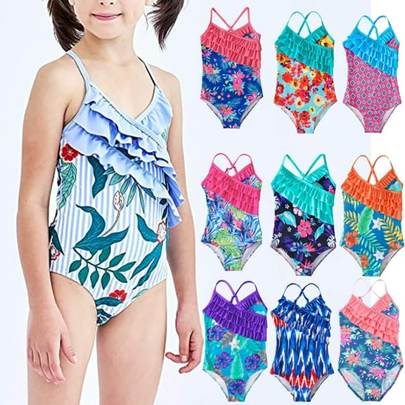 URMAGIC URMAGIC 4-12T Child Girls One Piece Ruffle Swimsuit Criss Cross Bathing Suit Swimwear/Stripe Leaf