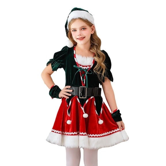 Kids Girls Elf Outfit Short Sleeve Dress Hat 2 Pairs of Gloves Belt Sets Baby Christmas Clothes Party Dress 9-10 Years