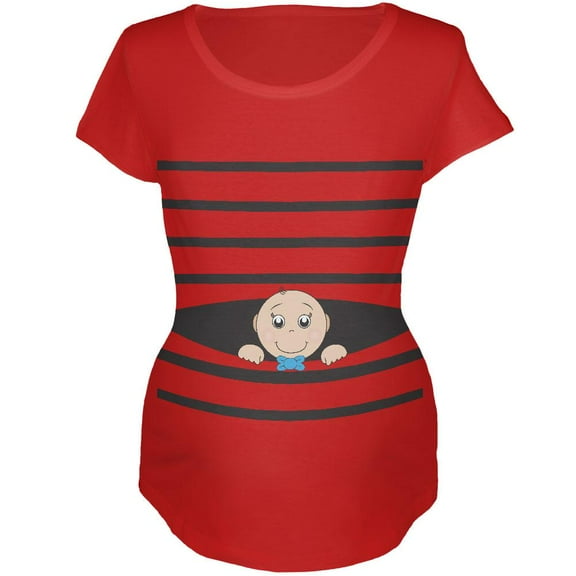Striped Peeking Baby Boy Red Maternity Soft T-Shirt - Large