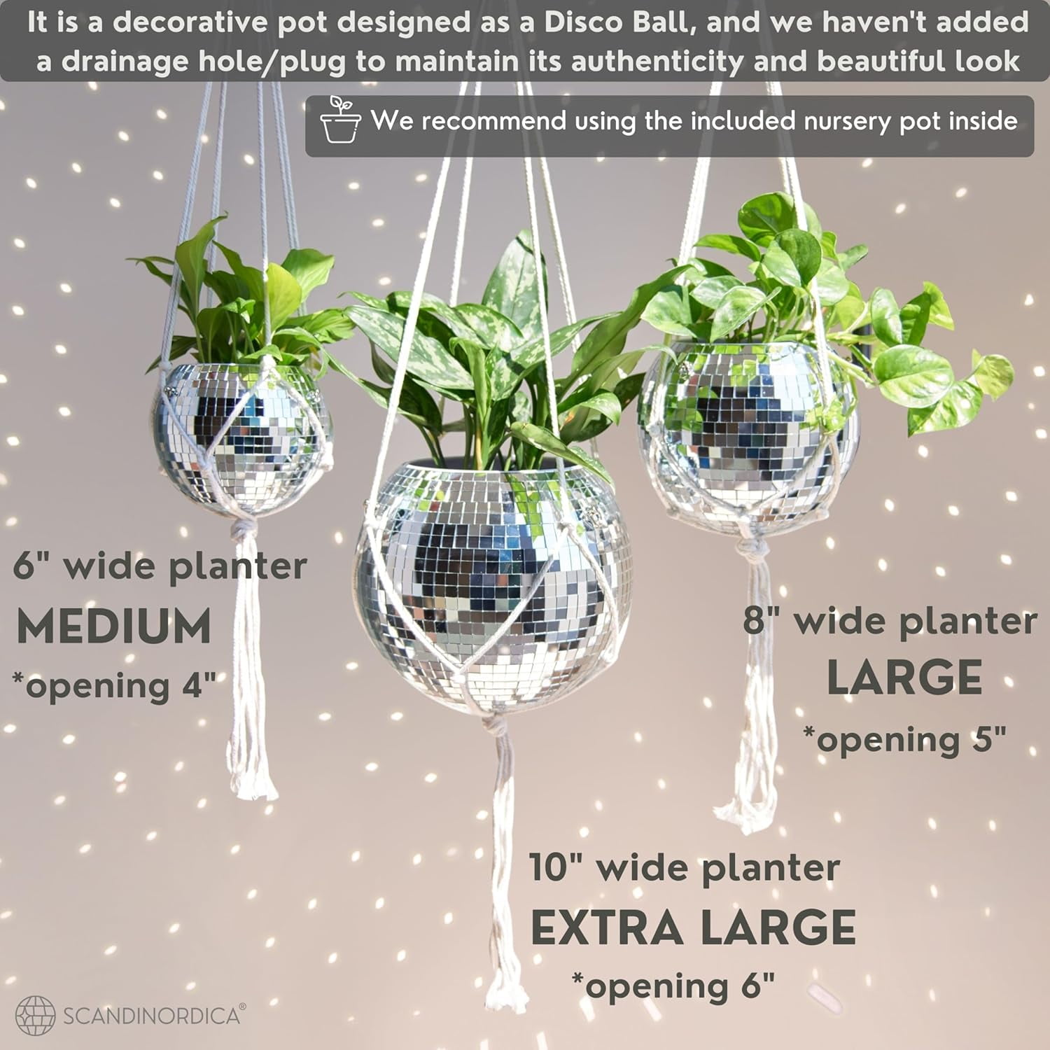 Disco Ball Planter – Silver 8" Disco Planter with Chain and Macrame Hanger and Stand