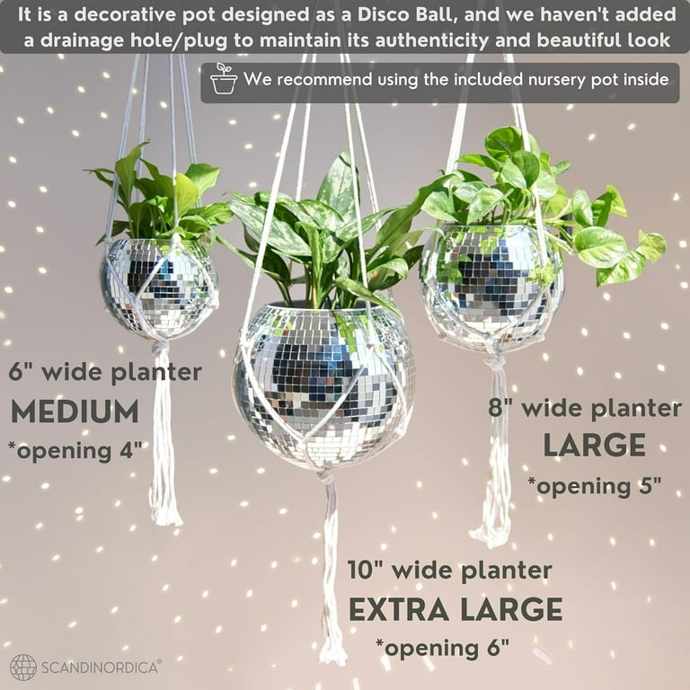 SCANDINORDICA Disco Ball Planter  Value Package: Disco Planter with Chain, Macrame Hanger and Acrylic Stand, Includes Self Watering Insert, Preppy