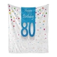 thumbnail image 1 of 80th Birthday Soft Flannel Fleece Throw Blanket, Abstract Sky Blue 80 Image on the Colorful Polka Dots Print, Cozy Plush for Indoor and Outdoor Use, 50" x 60", Multicolor, by Ambesonne, 1 of 6