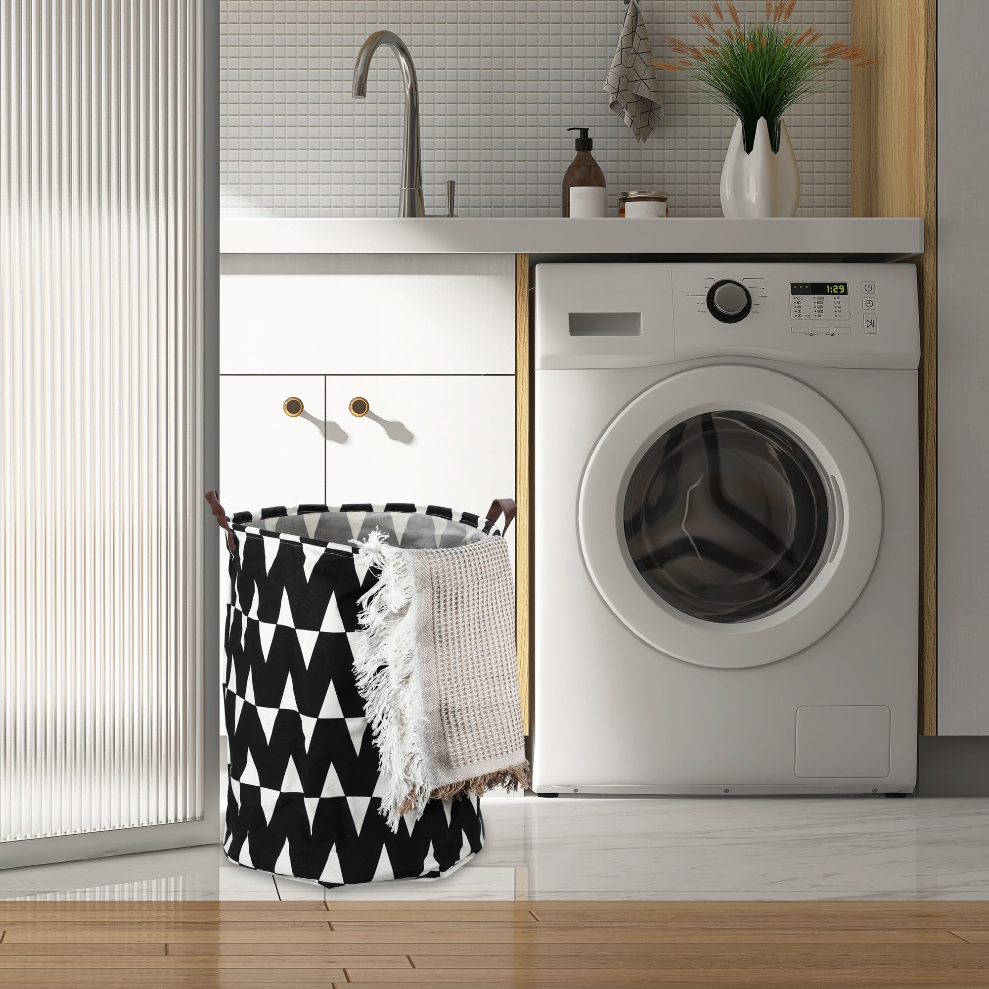 Unique Bargains Foldable Cylindrical Laundry Basket 19.69"x15.75" 60L Black