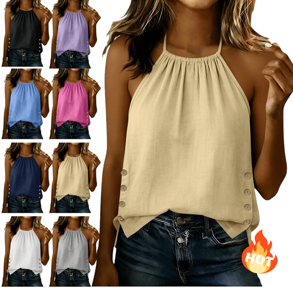 Mifsaly Women Halter Neck Tank Tops Pleated Summer Sleeveless Top Side Button Casual Loose Lightweight Cami Beach Vacation Boho Cotton Linen Camisole 2026 S