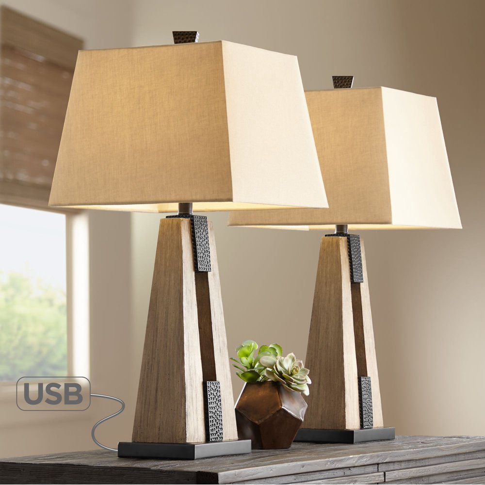 John Timberland Rustic Farmhouse Table Lamps Set of 2 with USB Charging