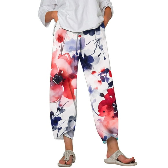 TSADFHJI Maxi Skirt Knit Women's Capris Casual Pants Summer Printed Short Cotton Pants Comfortable Loose Pants with Pockets M