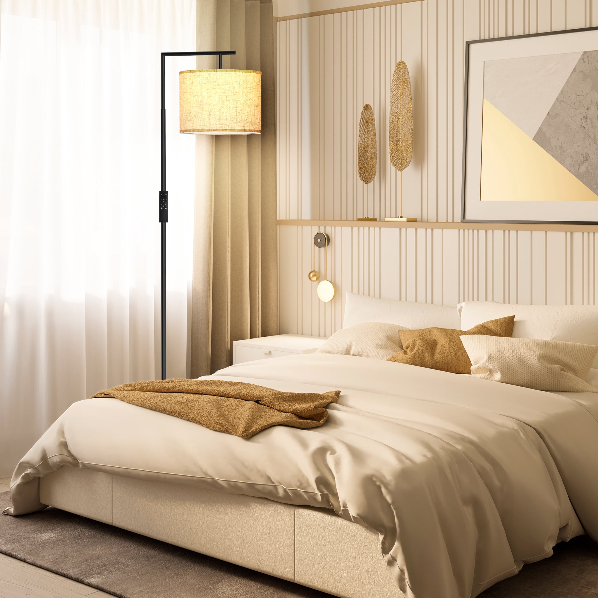 JURULU Arc Floor Lamp, Modern Standing Lamp with Remote Control, Including 4 Color Temperature 9W LED Bulbs, 350º Adjustable Linen Lampshade, Ideal for Living Room, Bedroom, Office