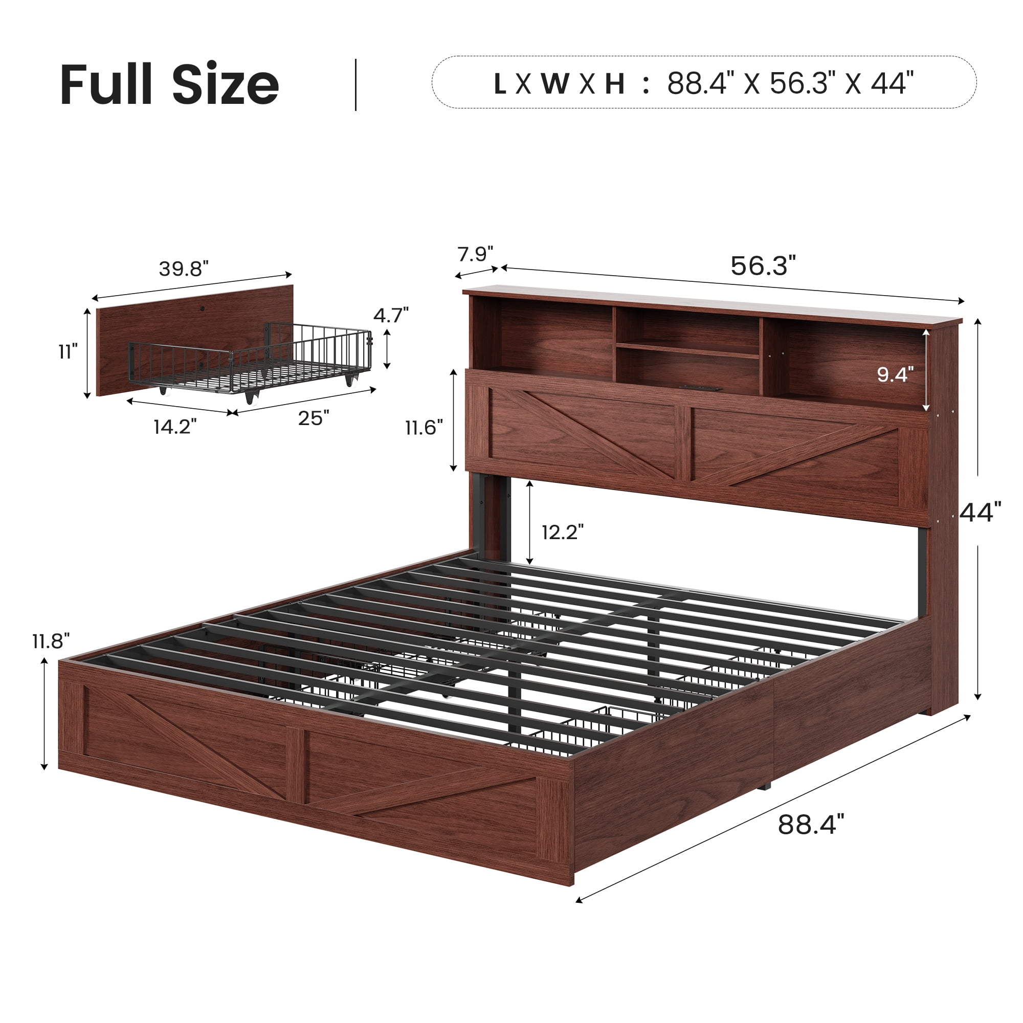 Full Farmhouse Bed Frames With Storage Headboard Bookcase, Wooden Platform Bed with 4 Drawers, No Boxing Need, Red Brown