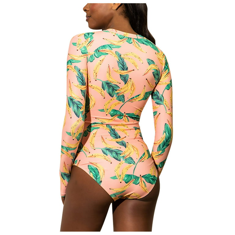 FAFWYP Womens Plus Size Long Sleeve One Piece Bathing Suit Hawaiian Print  Tummy Control Swimsuit Casual Monokini Beachwear Swimwear Set 