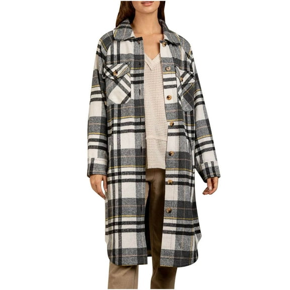 Viikei Women Coats Clearance Women's Winter 2022 New Lapel Large Pocket Long Sleeve Long Plaid Jacket Cardigan
