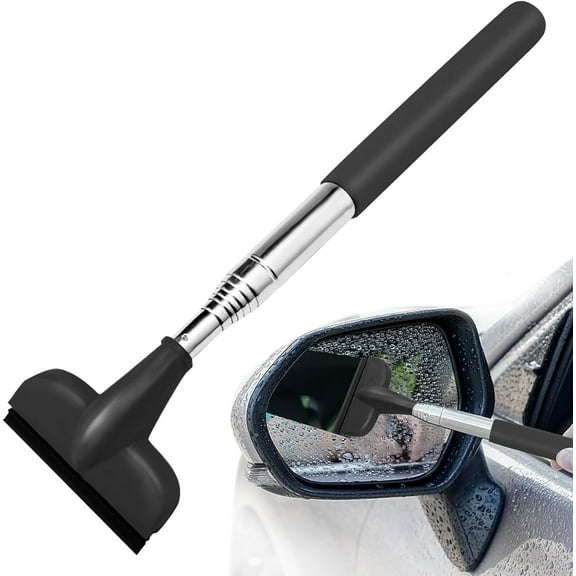 DEXIMRO Car Rearview Mirror Wiper, Retractable Vehicle Side Mirror Glass Squeegee, Portable Auto Water Cleaning Tool with Telescopic Long Rod, Universal for SUV, Sedan, Truck (Black)