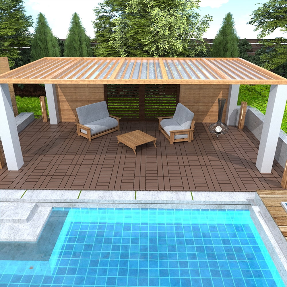 Patio Deck Tiles 12 Inch, H Style DIY Module Interlocking Decking Tiles for Porch Poolside, Red Brown