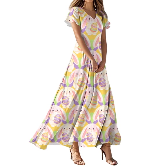 LWavelet Women's V-Neck Ruffle Sleeve Bunny & Easter Egg Bow Print Maxi Dress for Easter & Casual Outfits Purple Pink S