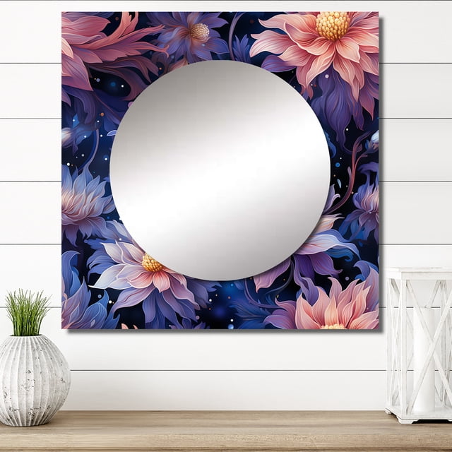 Designart "Celestial Purple Floral Vision" Floral Square Mirror Wall Decor Cottage - Large Purple Square Bathroom Mirror - Square Printed Wall Mirror Art