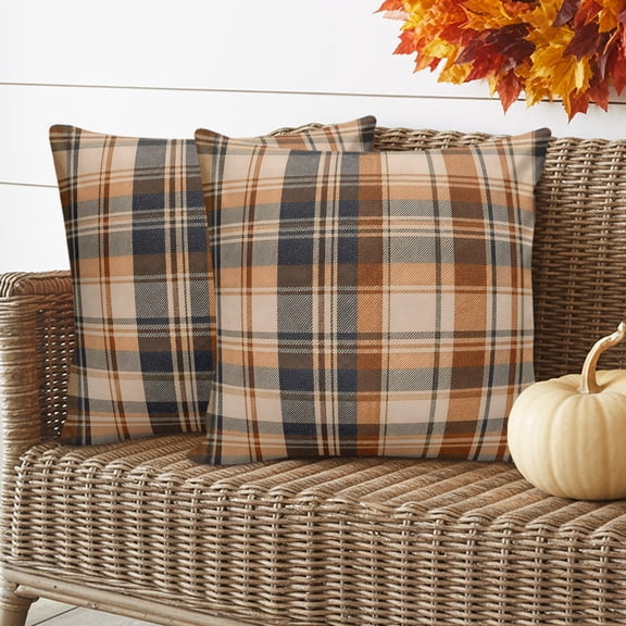 Orange Blue Checkered Throw Pillow Covers 24x24 Inch Set of 2, Fall Farmhouse Buffalo Plaid Waterproof Outdoor Pillow Covers, Decorative Cushion Pillowcases for Couch, Sofa, Bed, Garden, Patio