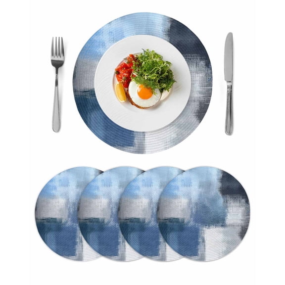 Navy Blue Ombre Round 13 Inch Placemats Set of 4, Modern Oil Painting Geometric HeatResistant Non Slip Place Mats for Dining Table, Wipeable Braided Kitchen Table Mats for Housewarming