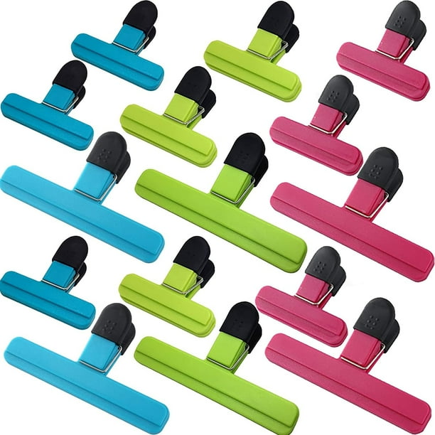 Paquete de 18 clips grandes para bolsas de chips, clips para bolsas para almacenamiento de alimentos, agarre hermético de plástico resistente para refrigerios, café, verduras, frutas