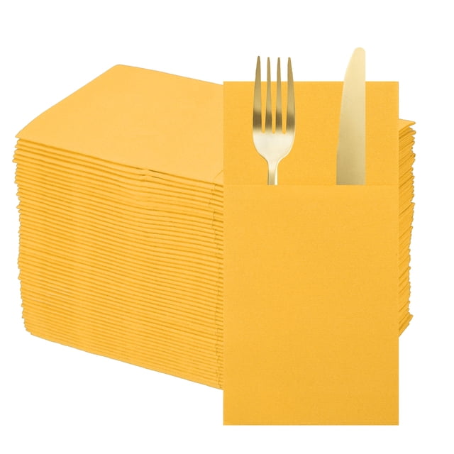 100 Pcs Servilletas Desechables con Sensación de Lino y Bolsillos para Cubiertos Incorporados, Servilletas de Papel para Cuchillo y Tenedor Amarillo
