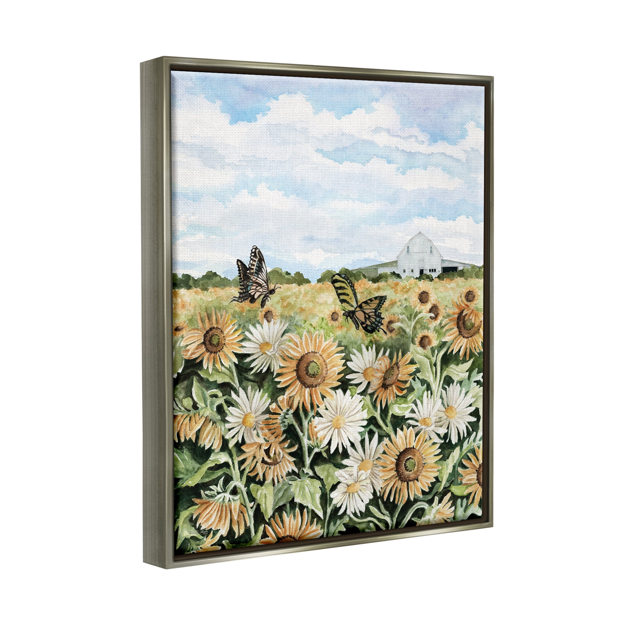 Stupell Industries Sunflower Garden with Butterflies Landscape Painting Gray Floater Framed Canvas Art Print Wall Art, 25 x 31